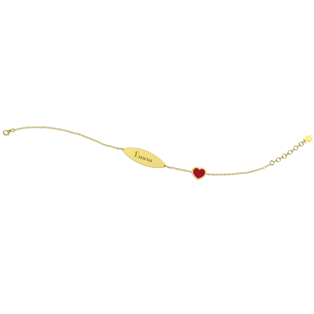 Bracciale Nanan da bambino/a in oro 9kt con targhetta e cuore rosso NGLD0038