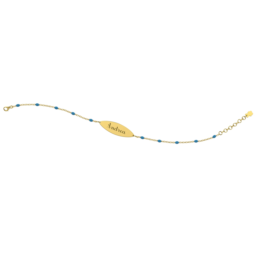 Bracciale Nanan da bambino in oro 9kt con targhetta e sfere azzurre personalizzabile NGLD0003