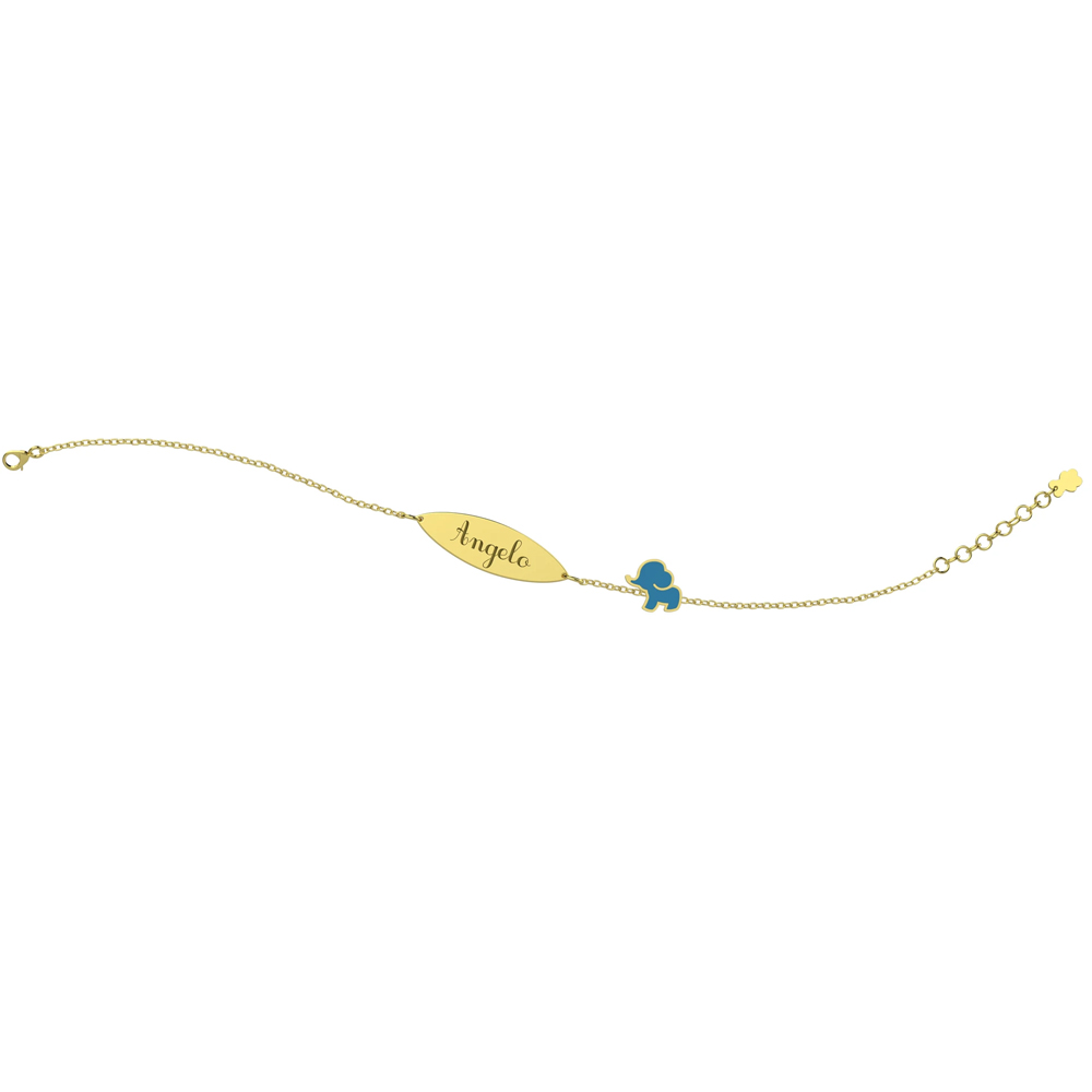 Bracciale Nanan da bambino in oro 9kt con targhetta personalizzabile e elefantino azzurro NGLD0012