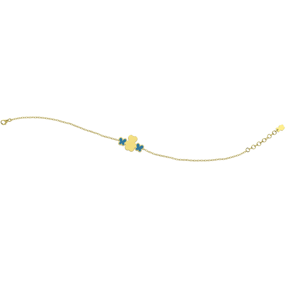 Bracciale Nanan da bambino in oro 9kt con targhetta personalizzabile e farfalline azzurre NGLD0013