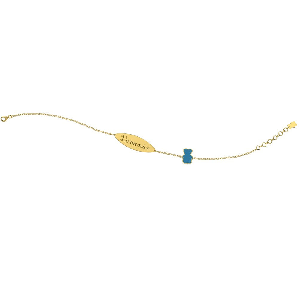 Bracciale Nanan da bambino in oro 9kt con targhetta personalizzabile e orsetto azzurro NGLD0006