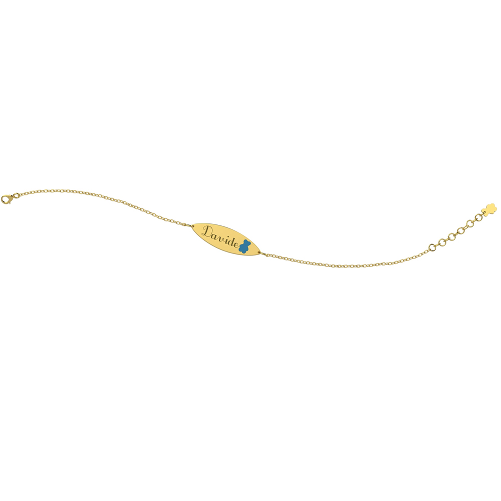 Bracciale Nanan da bambino in oro 9kt con targhetta personalizzabile e orsetto azzurro NGLD0017