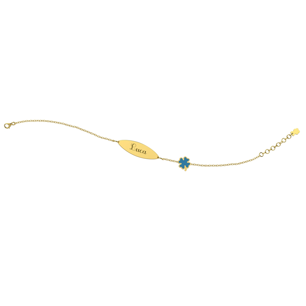 Bracciale Nanan da bambino in oro 9kt con targhetta personalizzabile e quadrifoglio azzurro NGLD0009