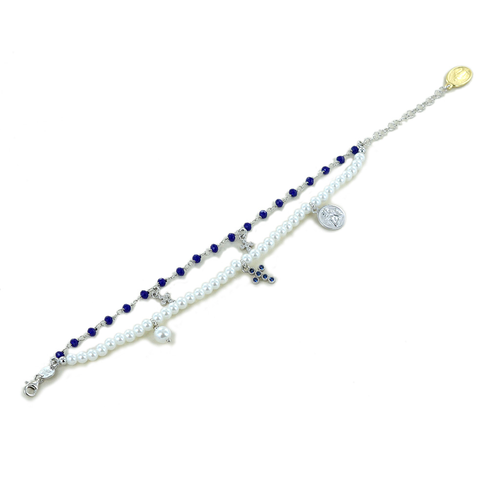 Bracciale religioso Agios gioielli con perle Angelo Cherubino e cristalli blu