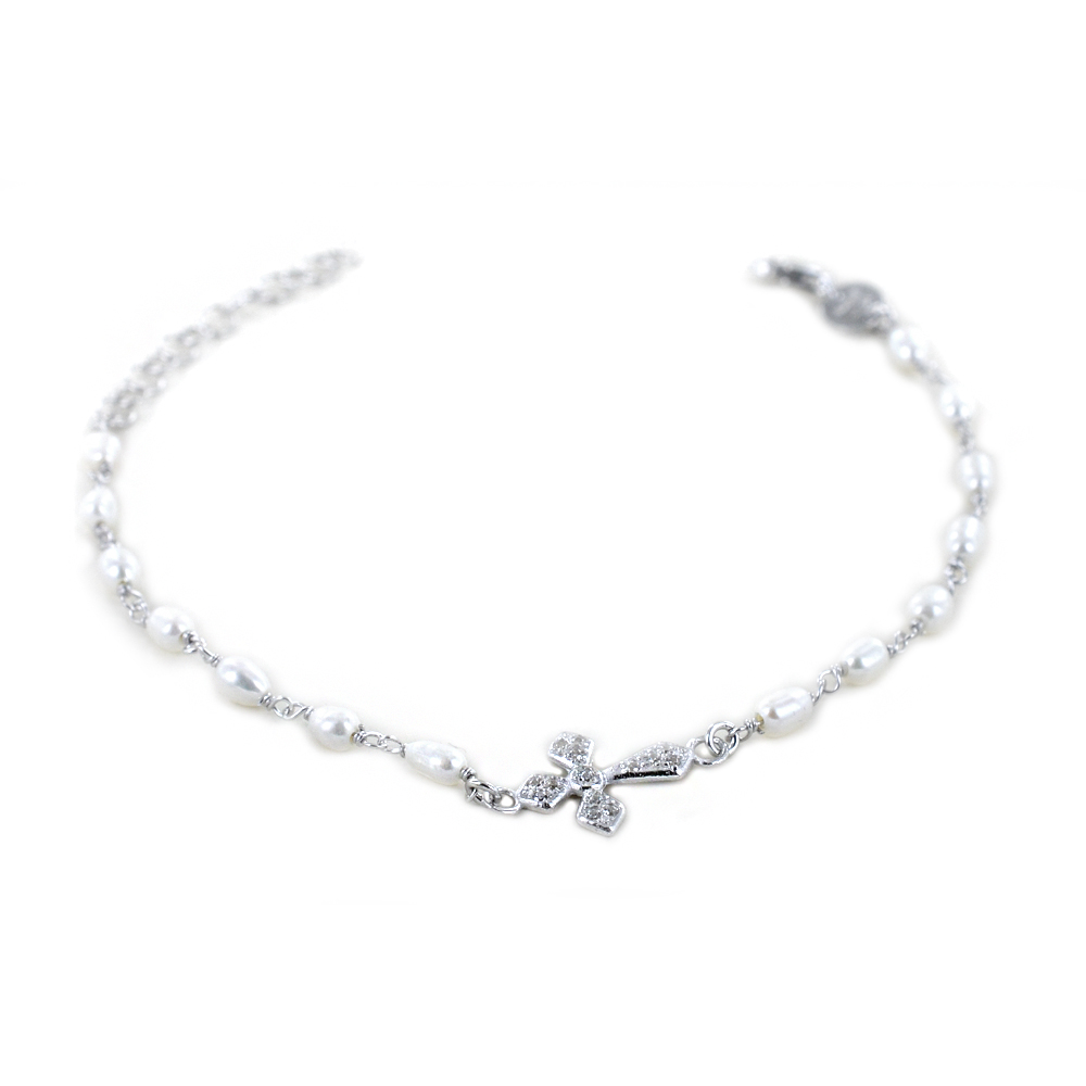Bracciale religioso in argento con perle e Croce e Zirconi bianchi