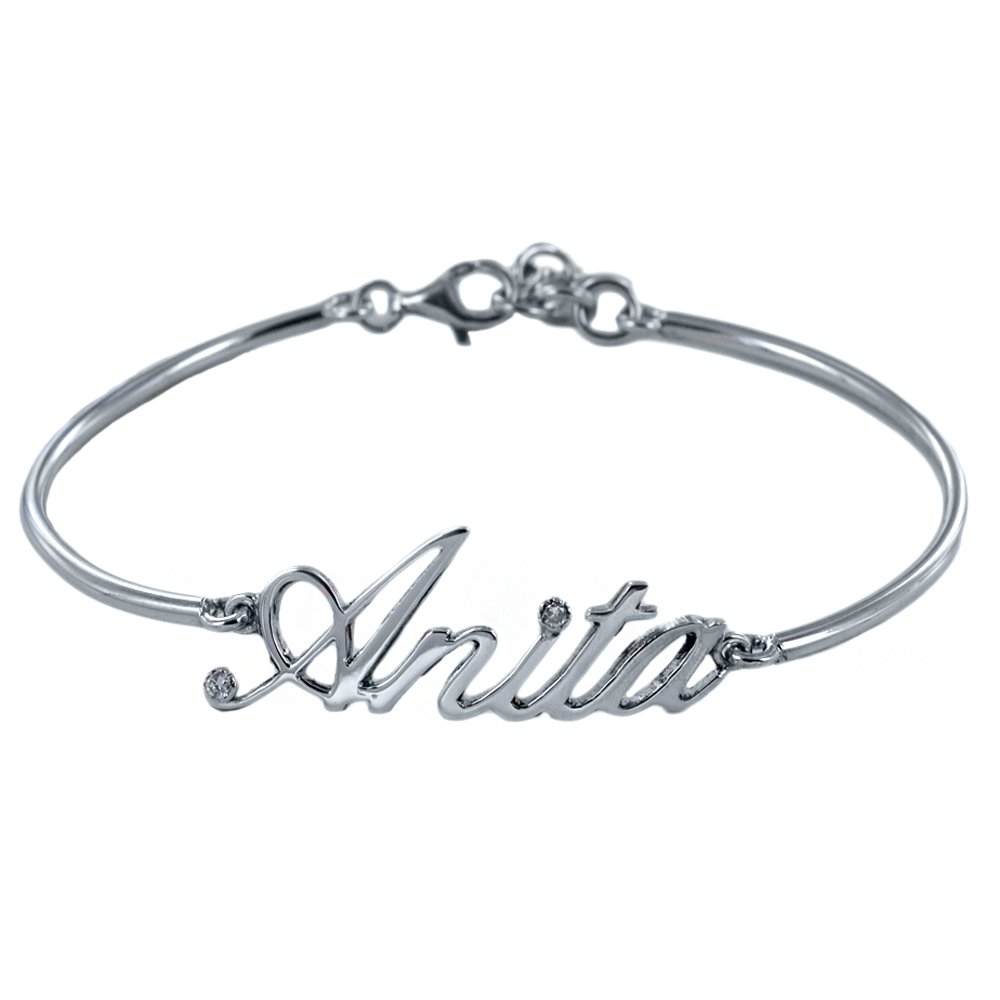 Bracciale rigido da ragazza personalizzato con nome in argento e diamanti
