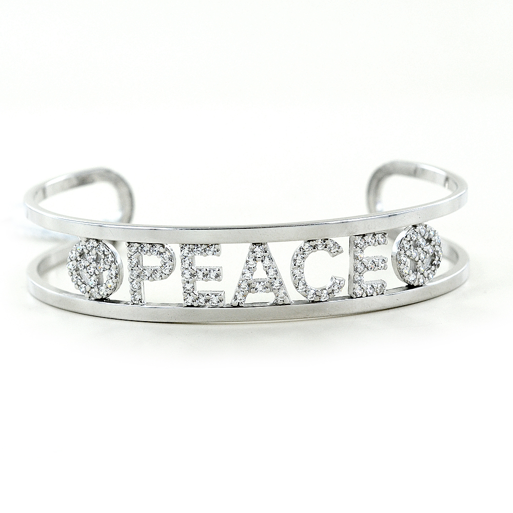 Bracciale rigido in argento a binario con scritta PEACE