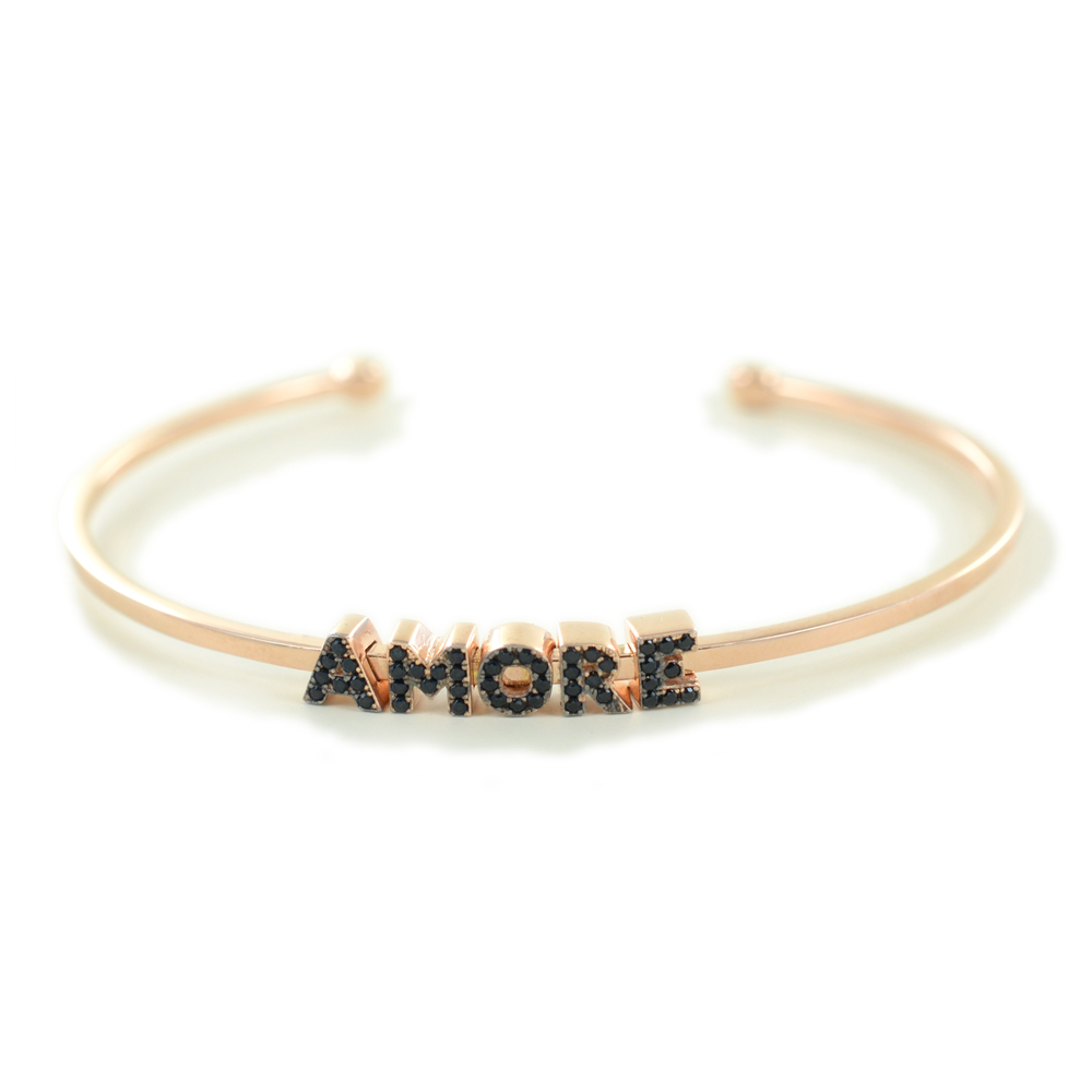 Bracciale rigido in argento con scritta AMORE e zirconi neri