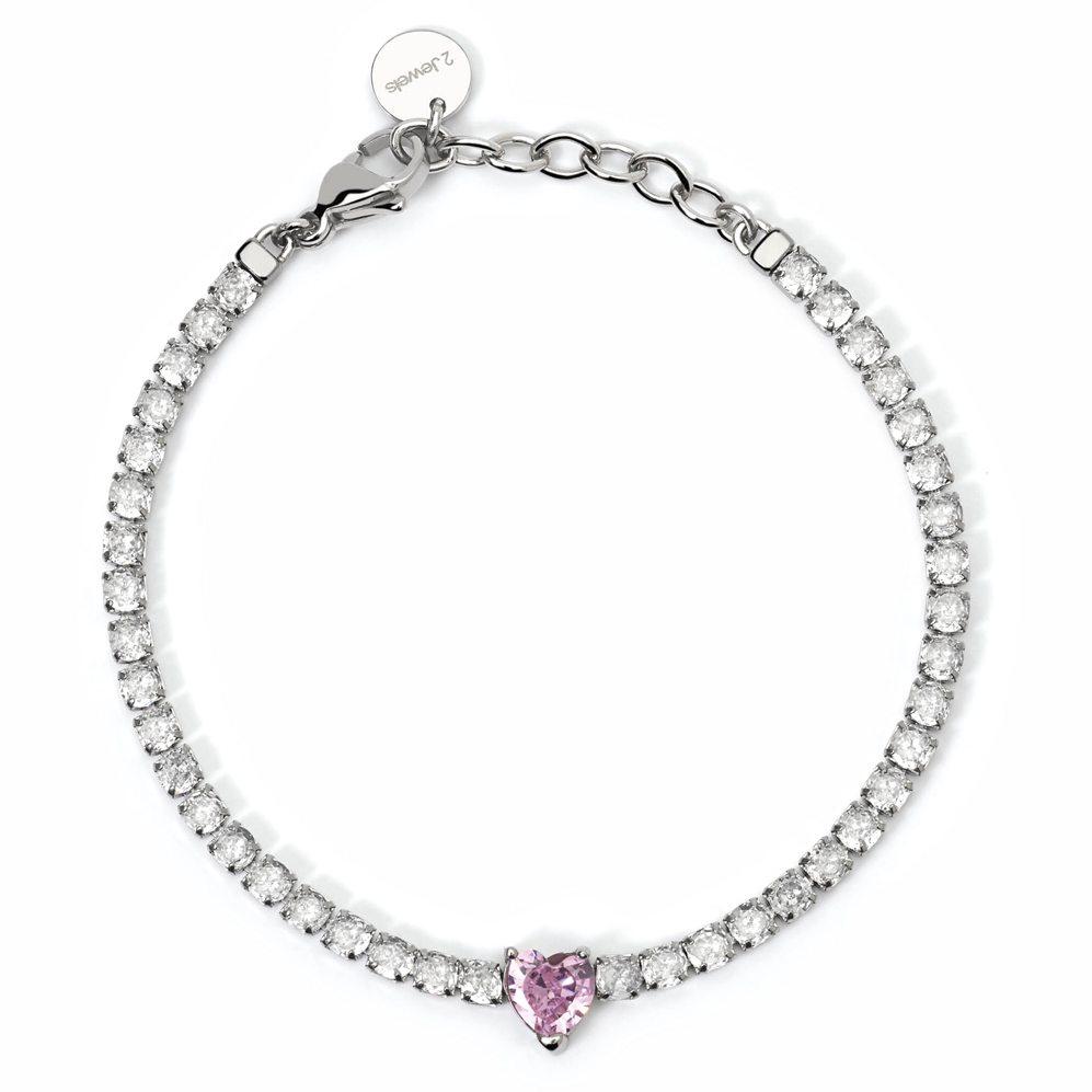 Bracciale Tennis 2Jewels in acciaio con zircone a cuore rosa