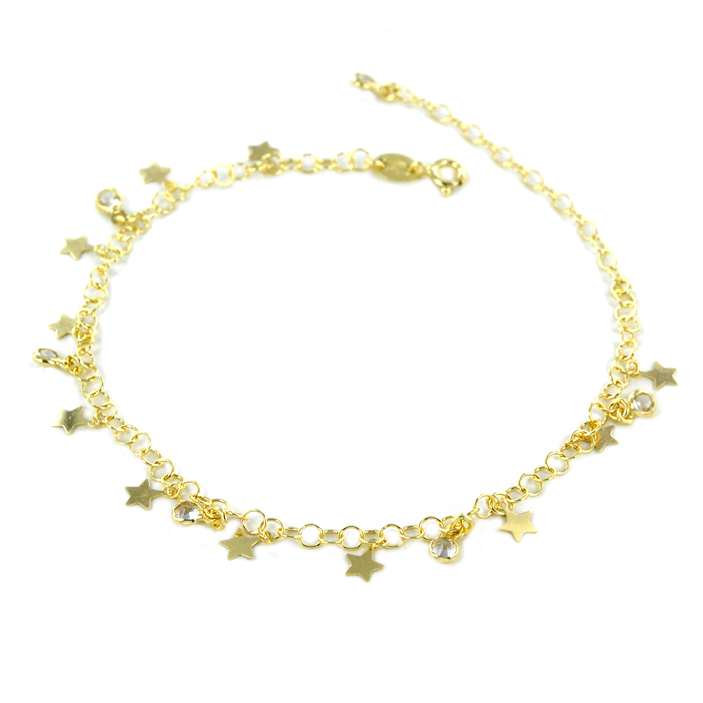 Cavigliera in argento dorato con charms stelle e zirconi
