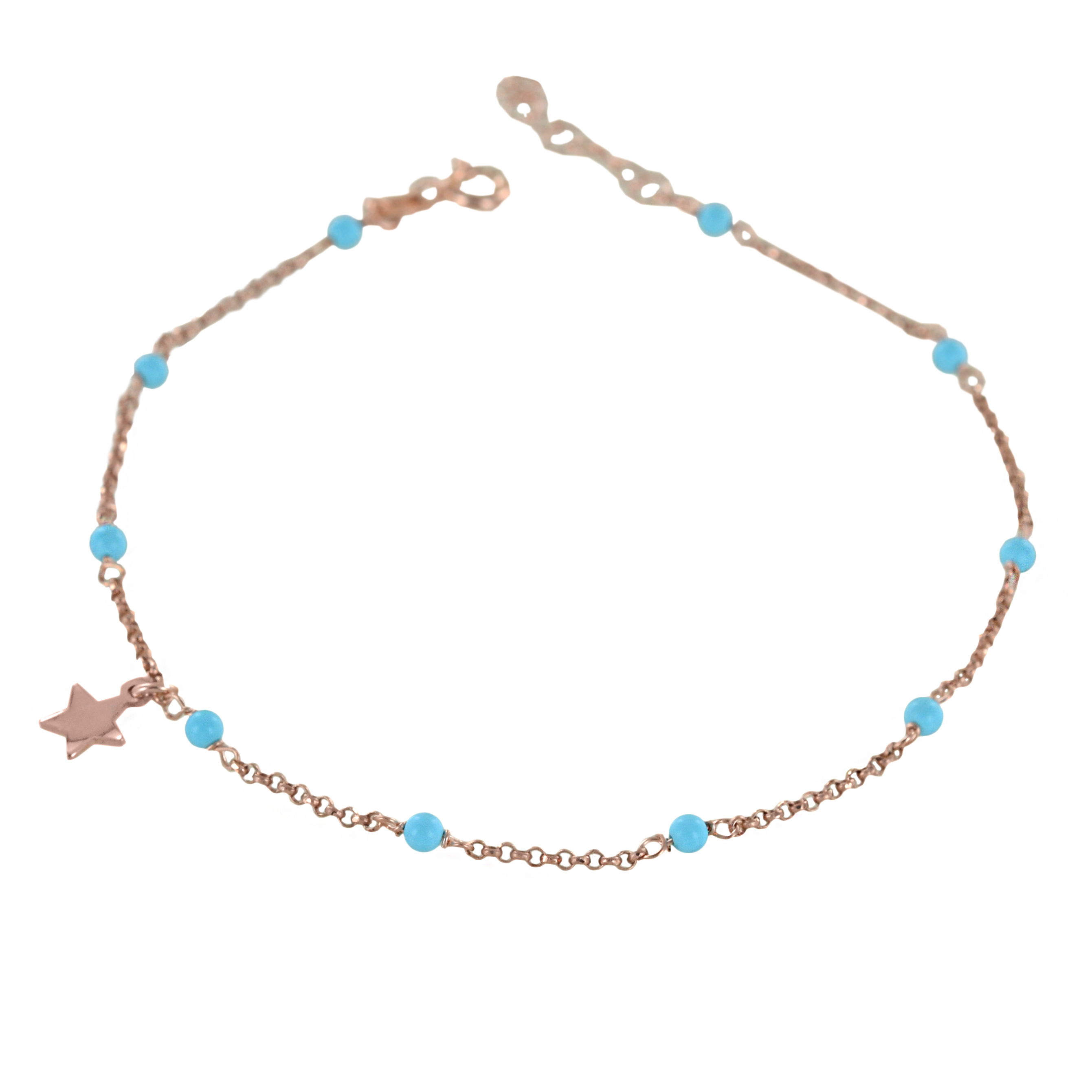 Cavigliera in argento rosato con sfere turchese e charm stella