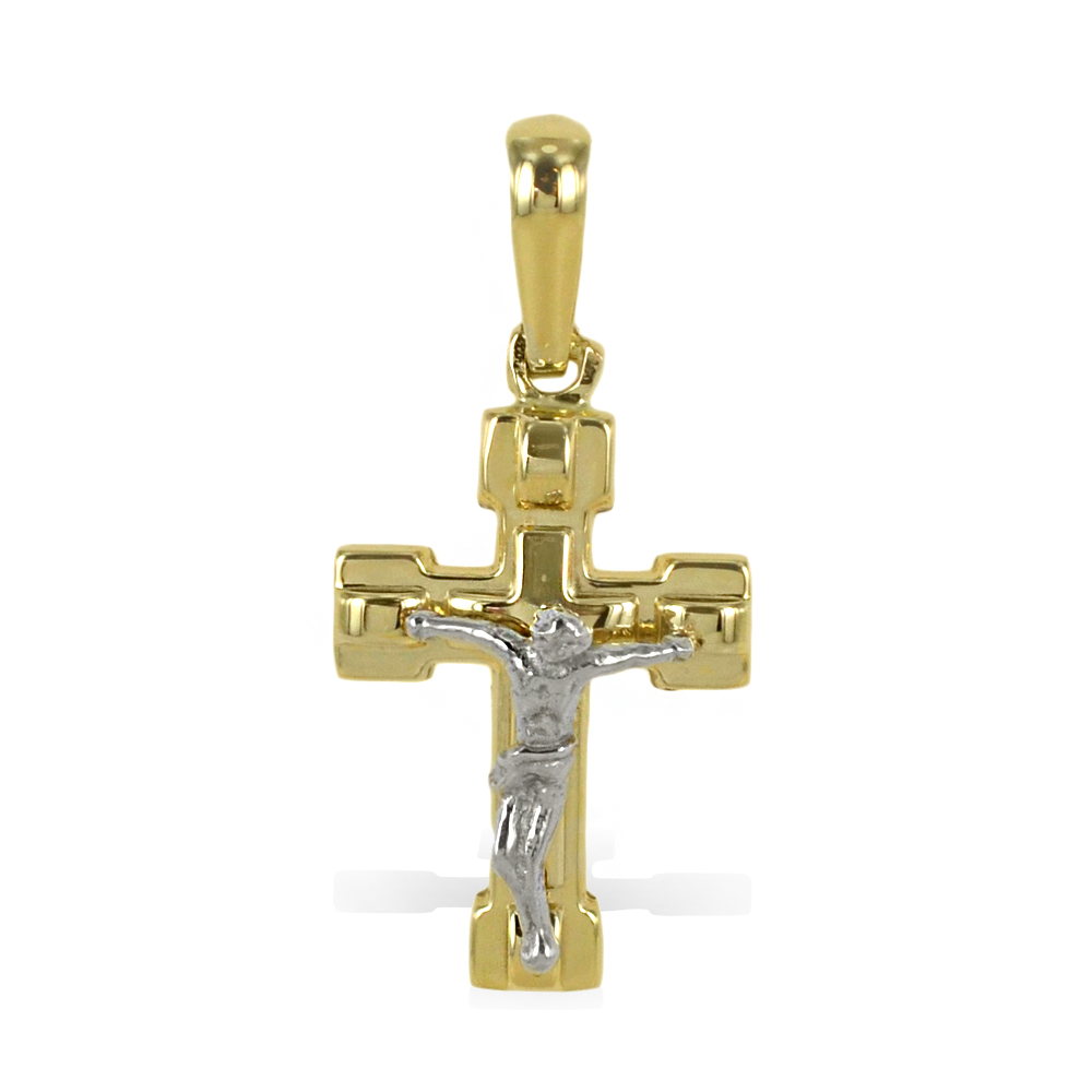 Ciondolo Croce con crocefisso moderno oro bicolore