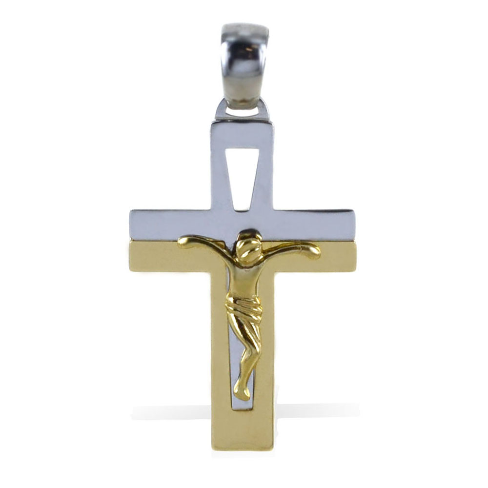 Ciondolo Croce moderna Crocefisso in oro giallo e bianco