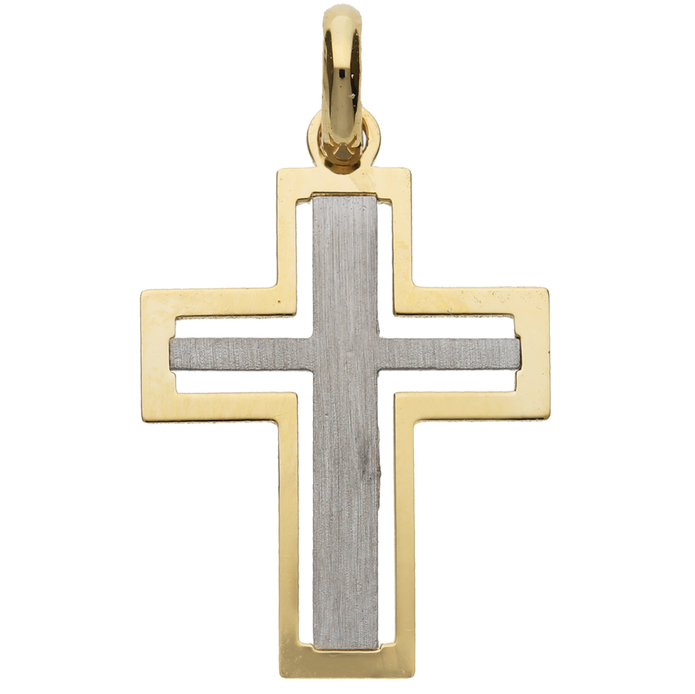 Ciondolo Croce moderna in oro giallo e bianco 