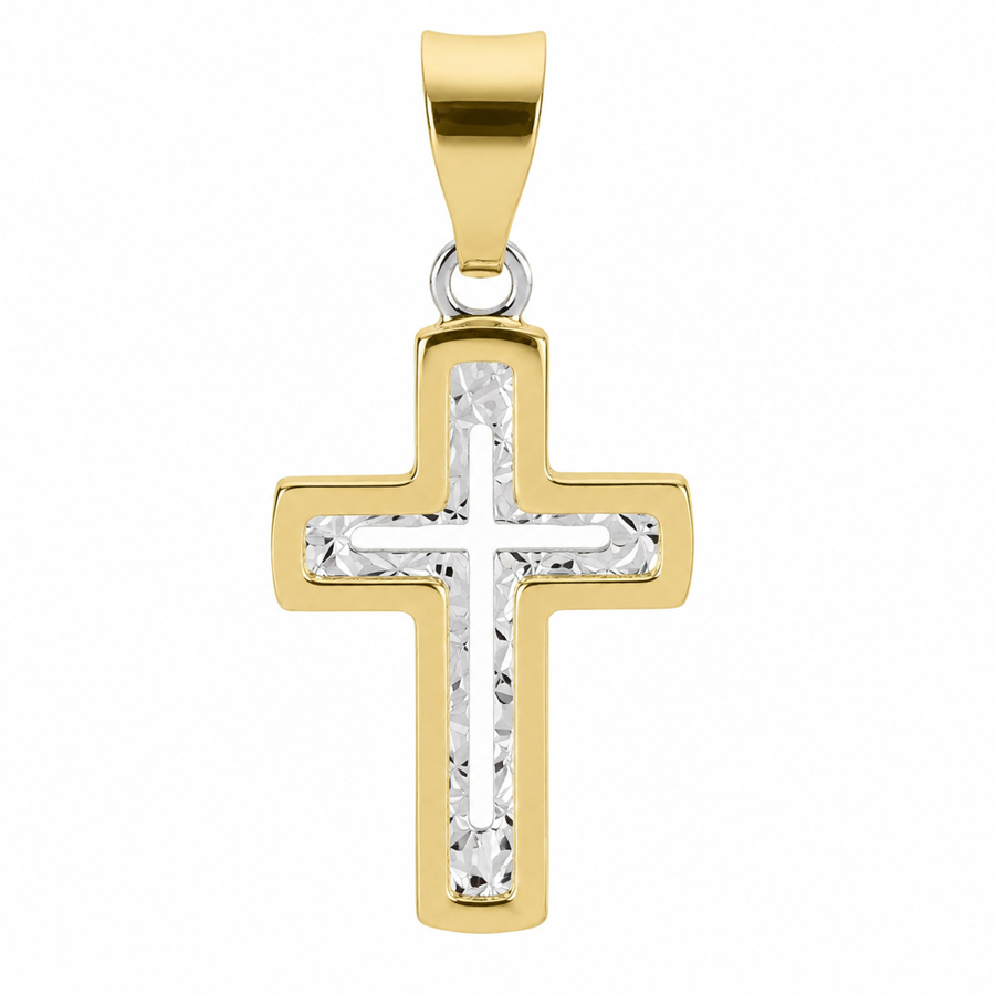 Ciondolo Croce moderna sfaccettata in oro giallo e bianco