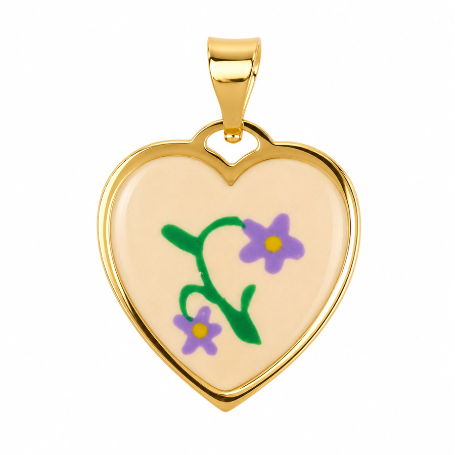 Ciondolo Cuore con fiori in smalto in oro giallo