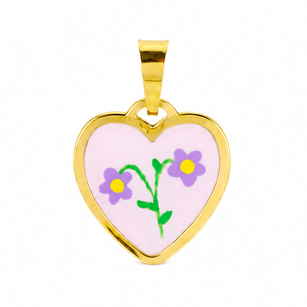 Ciondolo Cuore in Argento giallo con fiori in smalto rosa