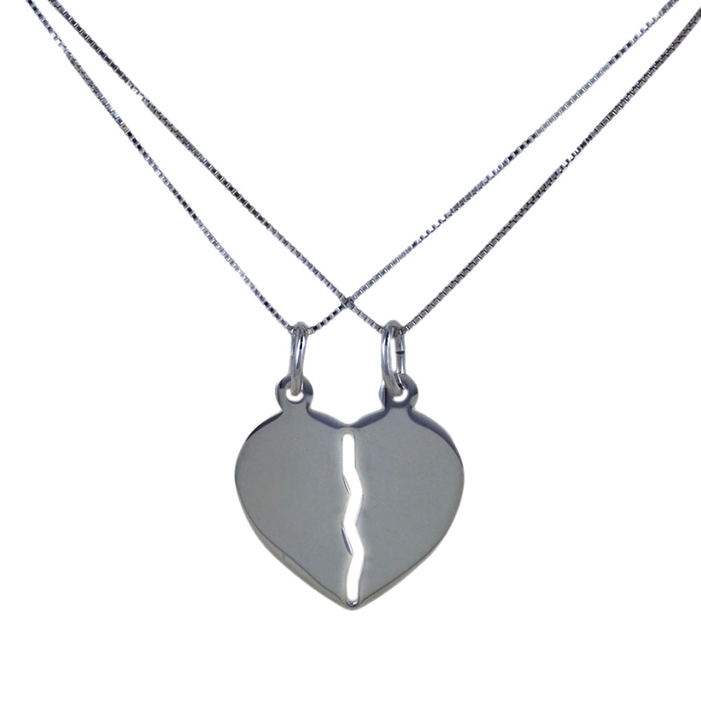 Collana Con Ciondolo Cuore Spezzato Divisibile In Argento 925 - Incisione Nomi - 2 Catenine Incluse