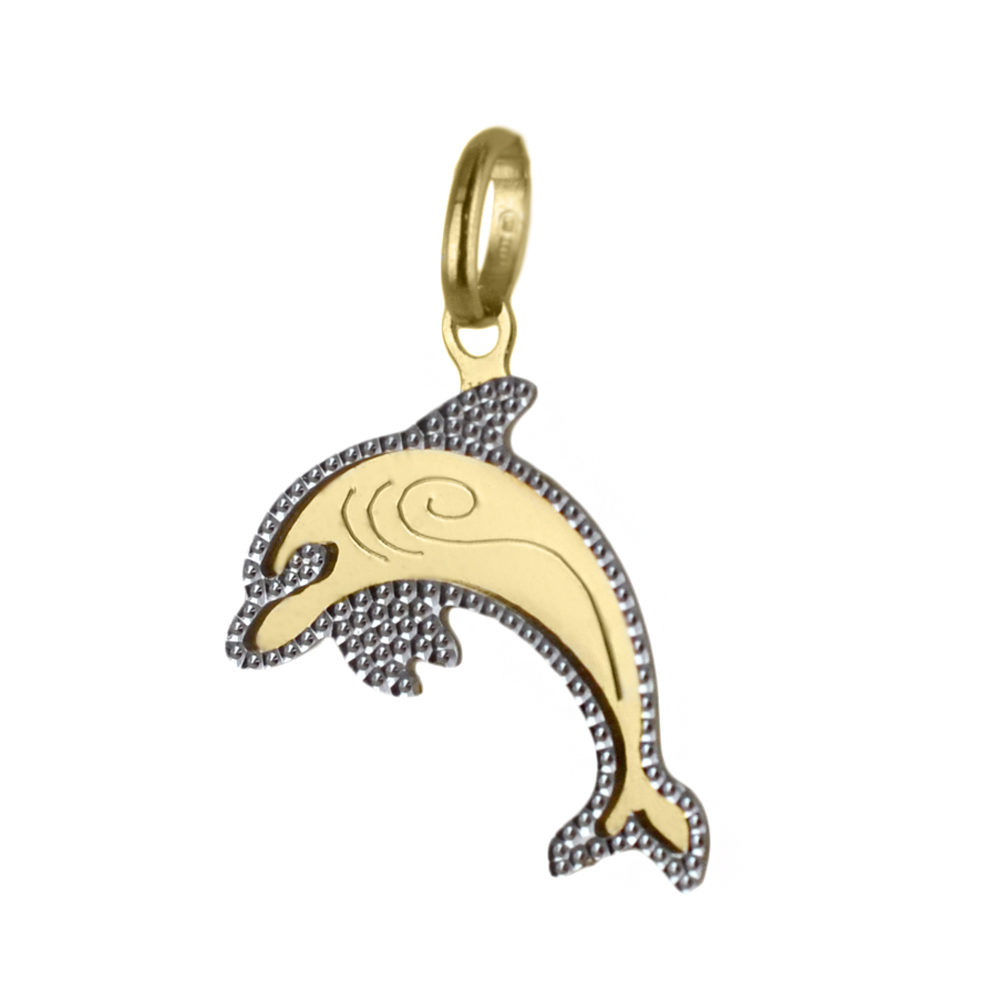 Ciondolo delfino in oro giallo e bianco con collana