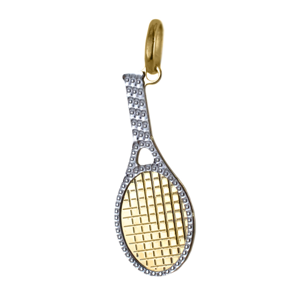 Ciondolo racchetta da tennis in oro giallo e bianco con collana