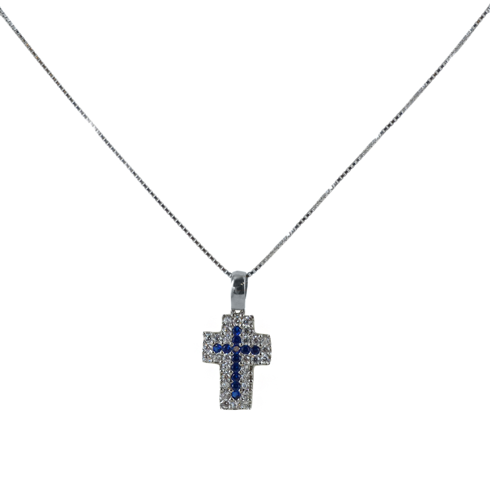 Collana ciondolo Croce in oro e argento con zirconi bianchi e blu