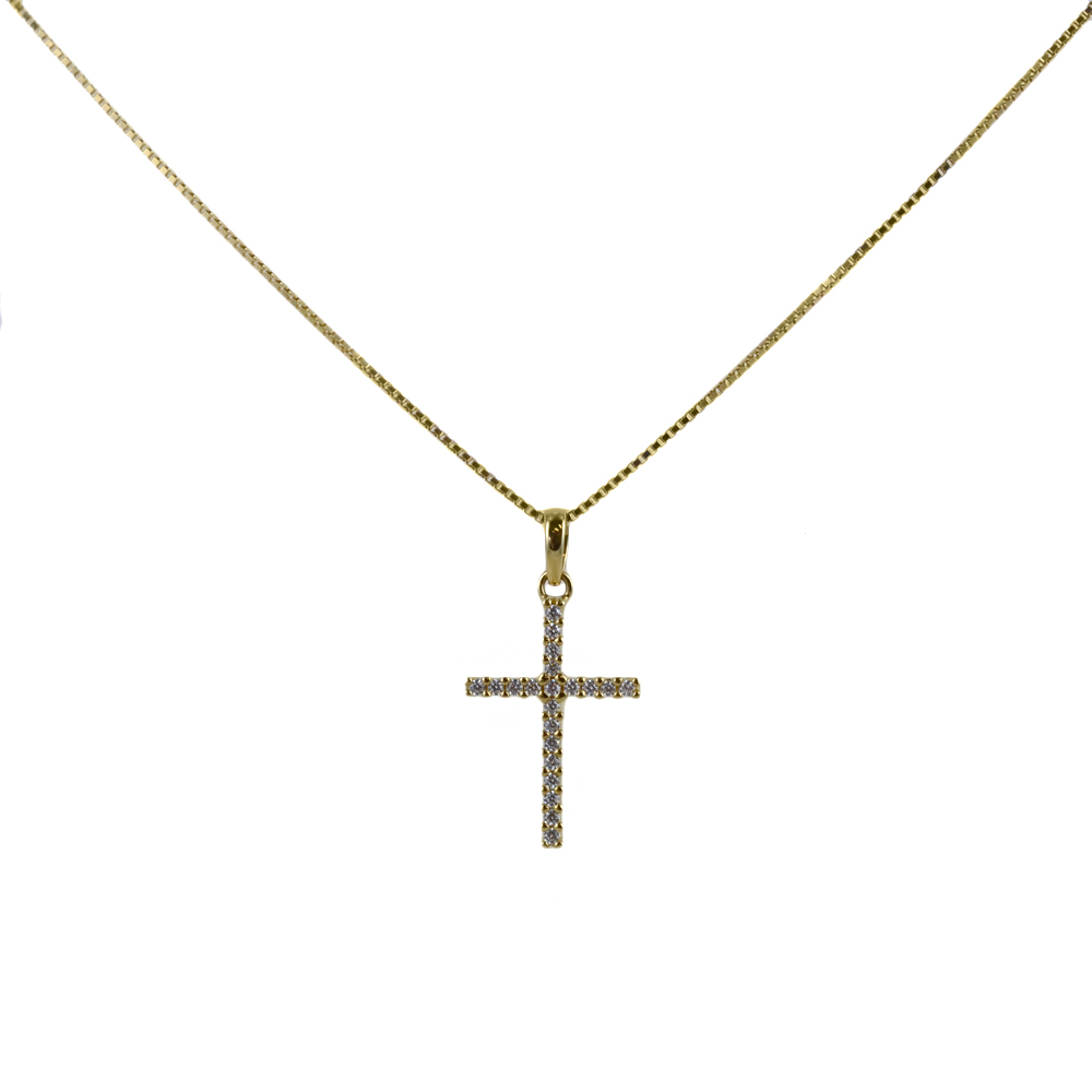 Collana ciondolo Croce in oro giallo e argento con zirconi