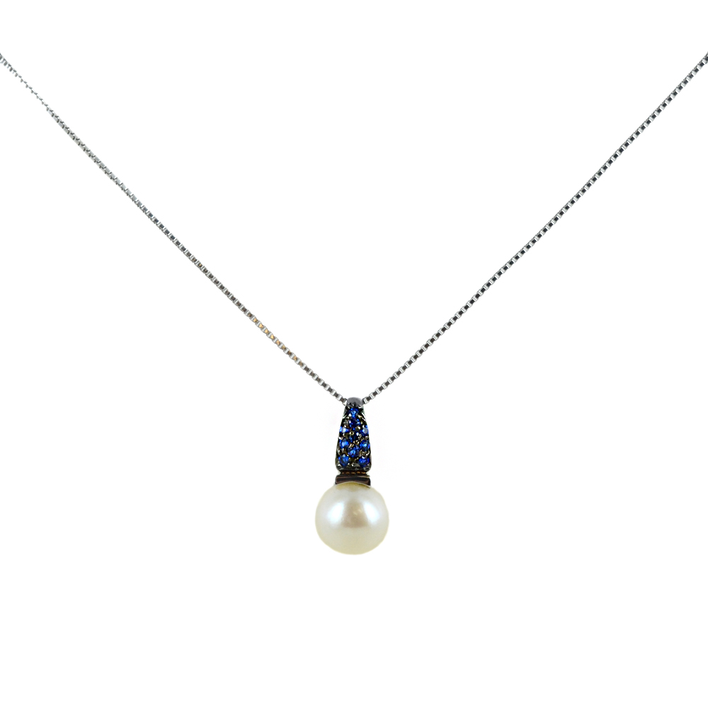 Collana ciondolo Perla Freshwater con zirconi Blu in oro e argento 