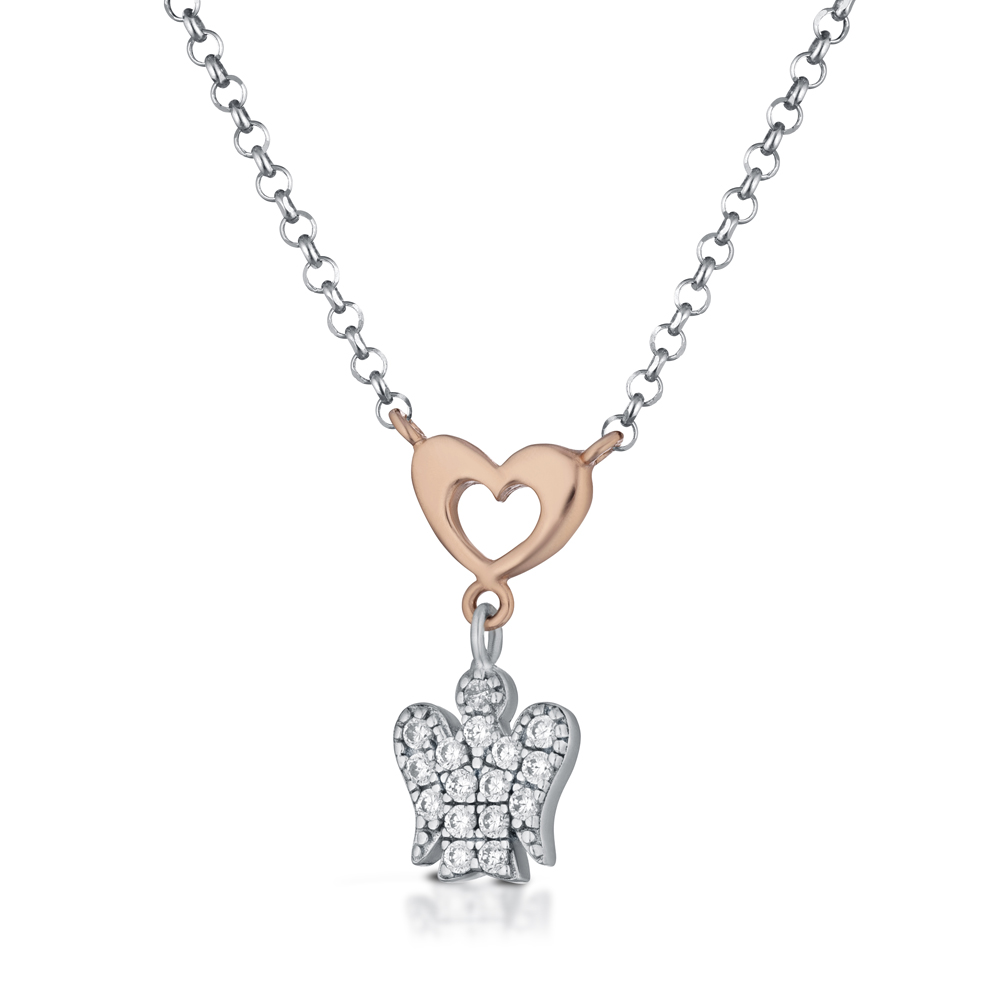 Collana con ciondolo Angelo in argento con Cuore e Zirconi GIA 395