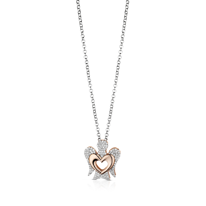 Collana con ciondolo Angelo in argento con Cuore e Zirconi GIA319