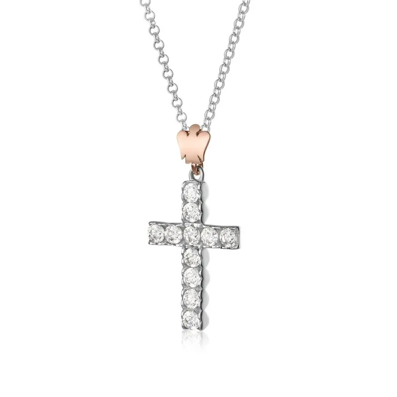 Collana con ciondolo Croce in argento con Zirconi e Angelo GIA 447