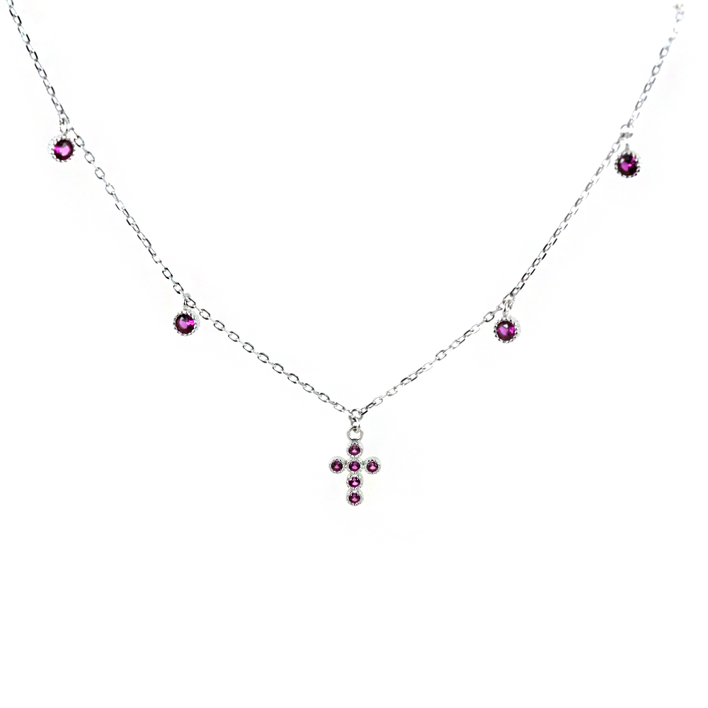 Collana con Croce e charms zirconi rossi in argento Agios