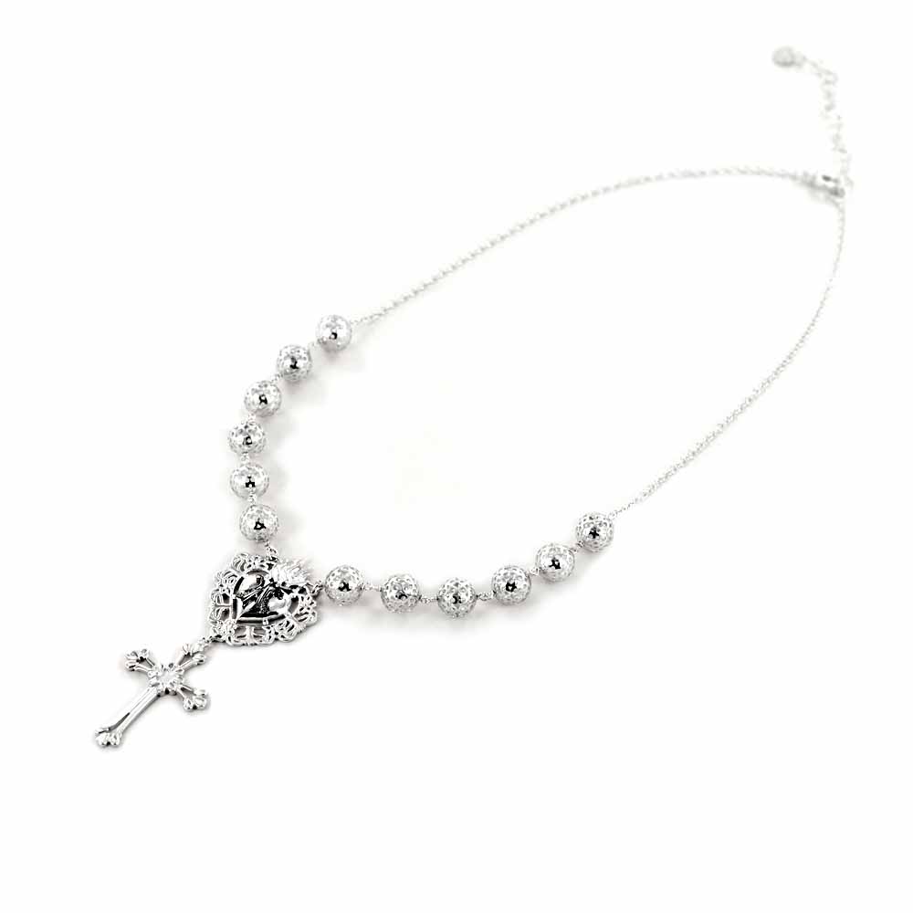 Collana con Croce e Cuore damascato con sfere in argento Agios