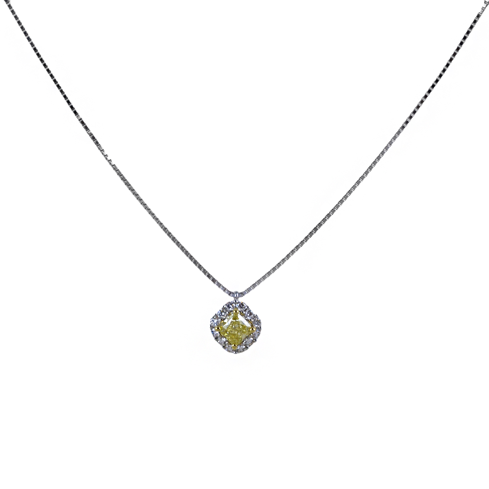 Collana con Diamante Fancy Giallo a Cuscino e contorno di Diamanti