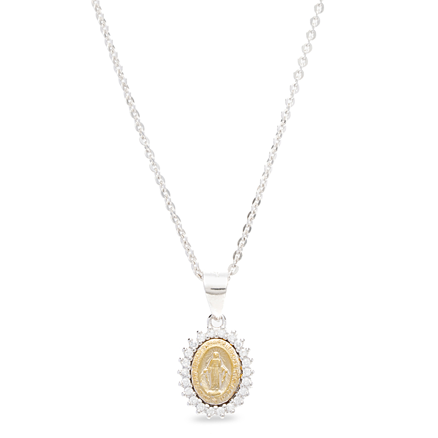 Collana con Madonna Miracolosa in argento dorato e zirconi