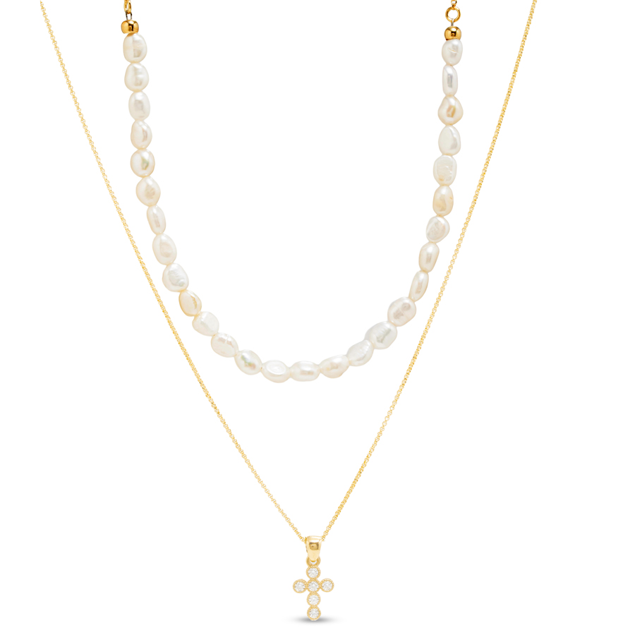 Collana con perle e ciondolo Croce Bianca in argento dorato