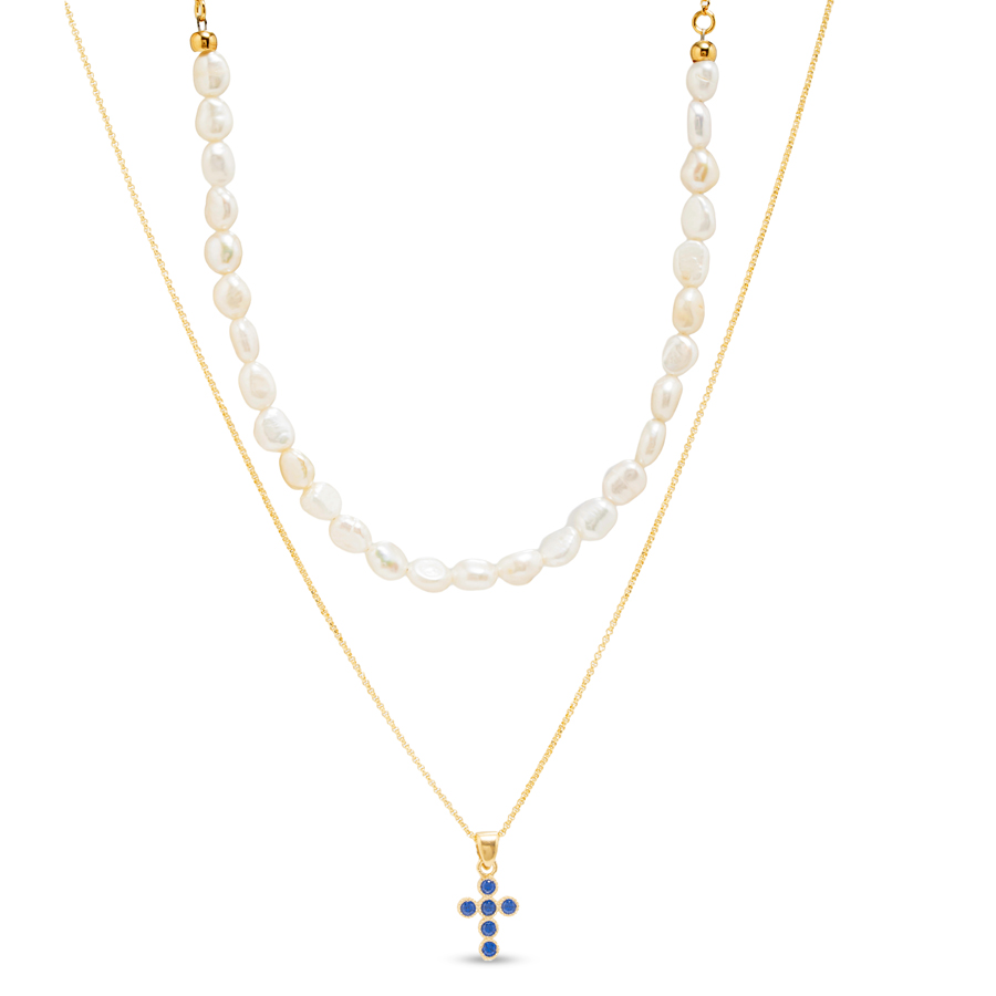 Collana con perle e ciondolo Croce Blu in argento dorato