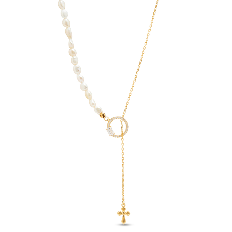 Collana con perle e ciondolo Croce in argento dorato con zirconi