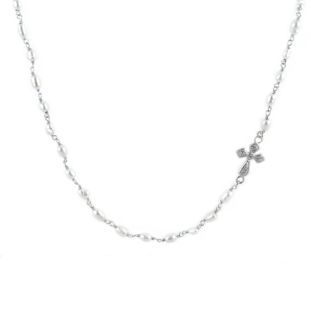 Collana con perle e Croce con zirconi in argento Agios
