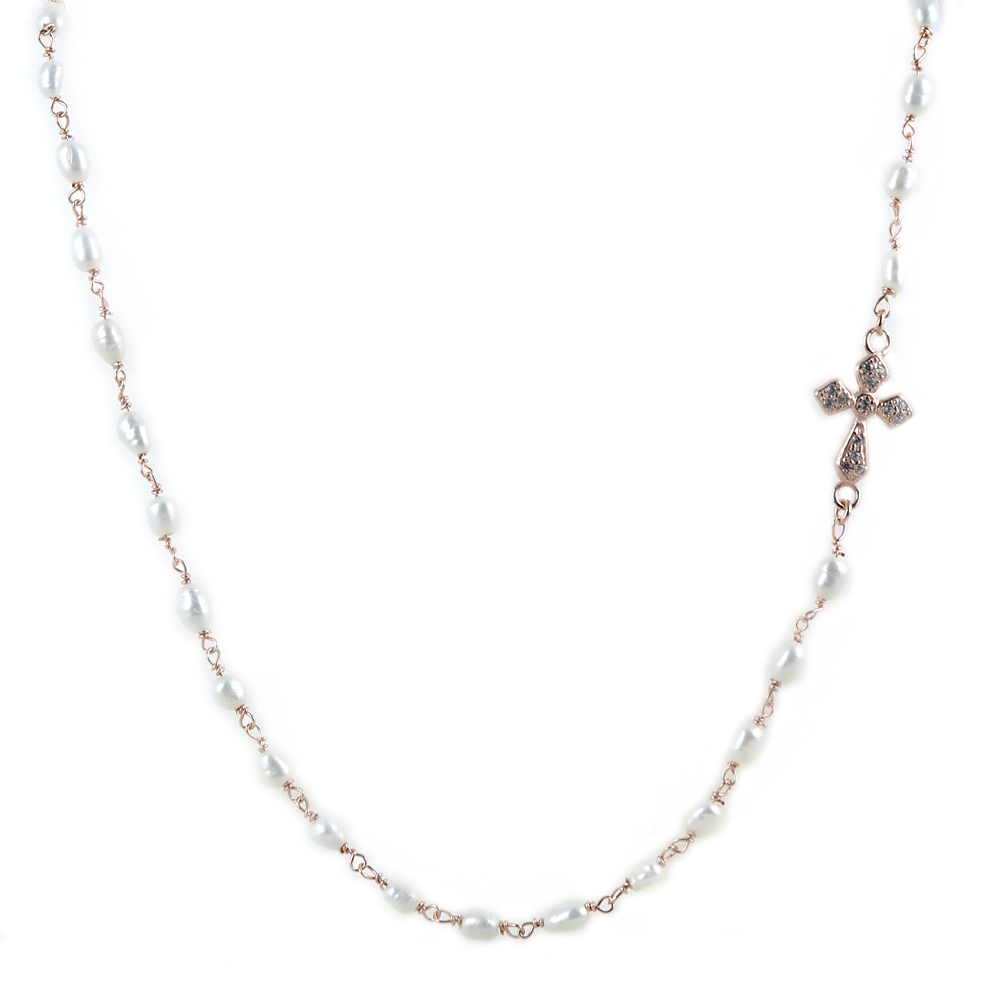 Collana con perle e Croce con zirconi in argento Rose Agios