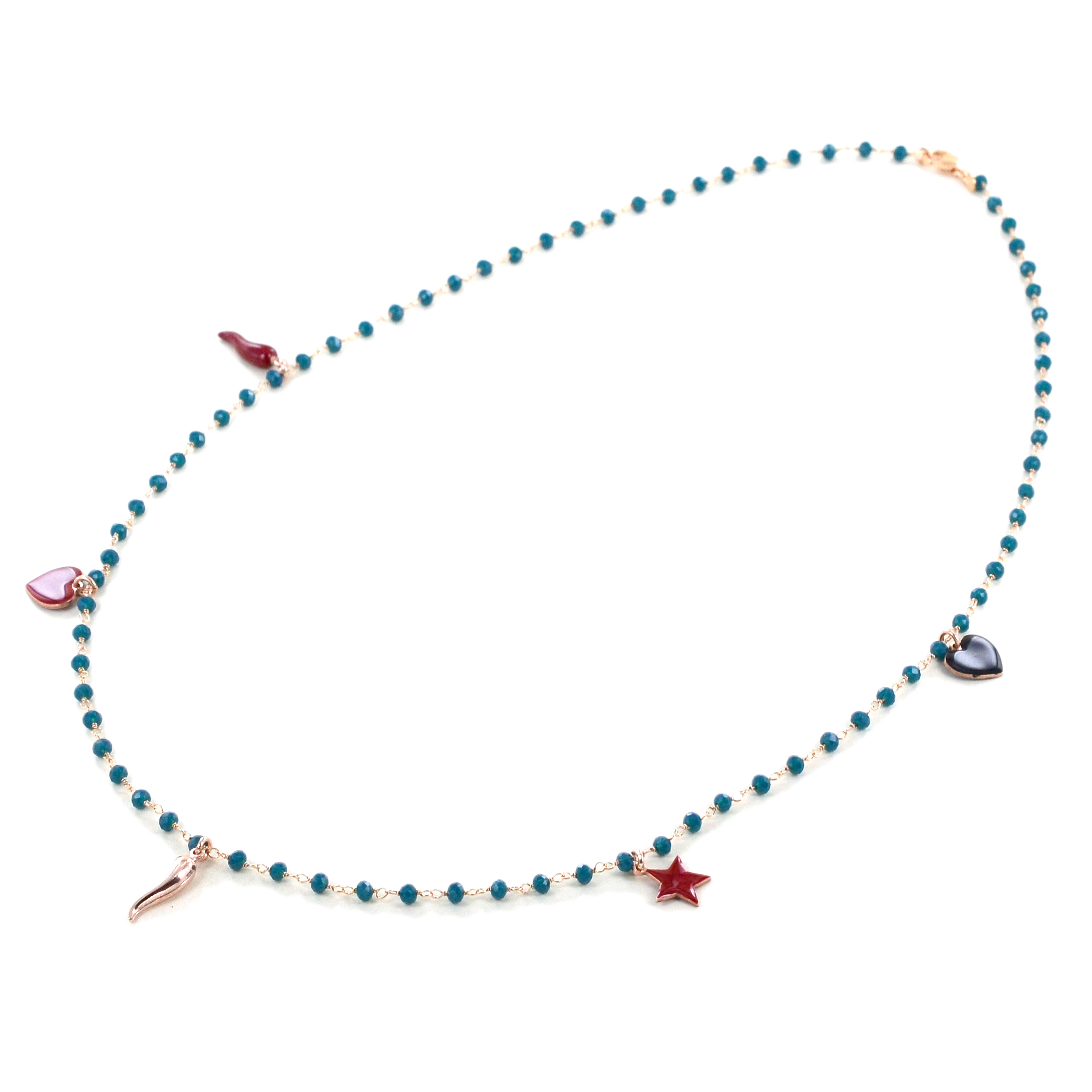 Collana con pietre colorate sfaccettate e ciondoli cuore stella corno