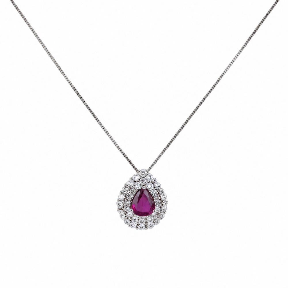 Collana con Rubino a Goccia e doppio contorno di Diamanti 
