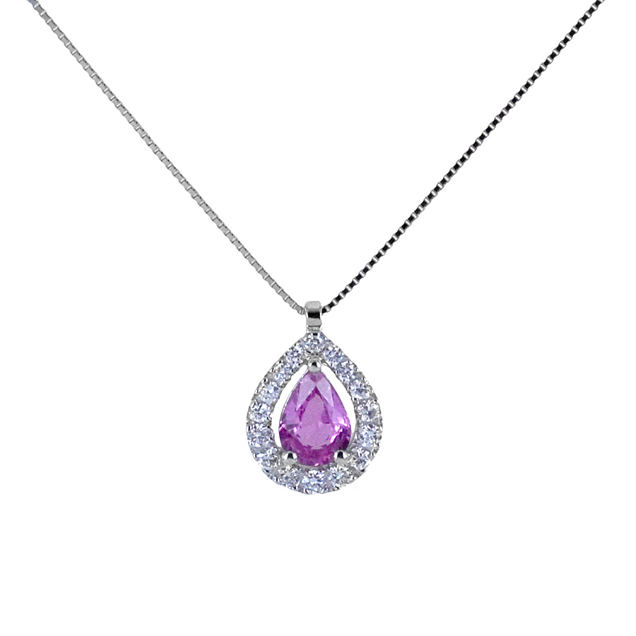 Collana con Zaffiro Rosa a Goccia e contorno di Diamanti