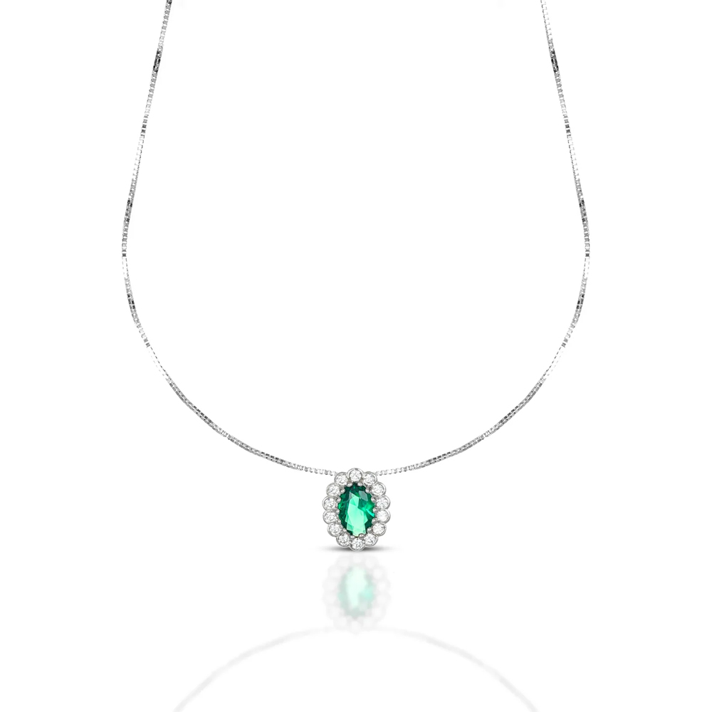Collana da Donna pietra verde con contorno di zirconi in oro bianco 9 kt