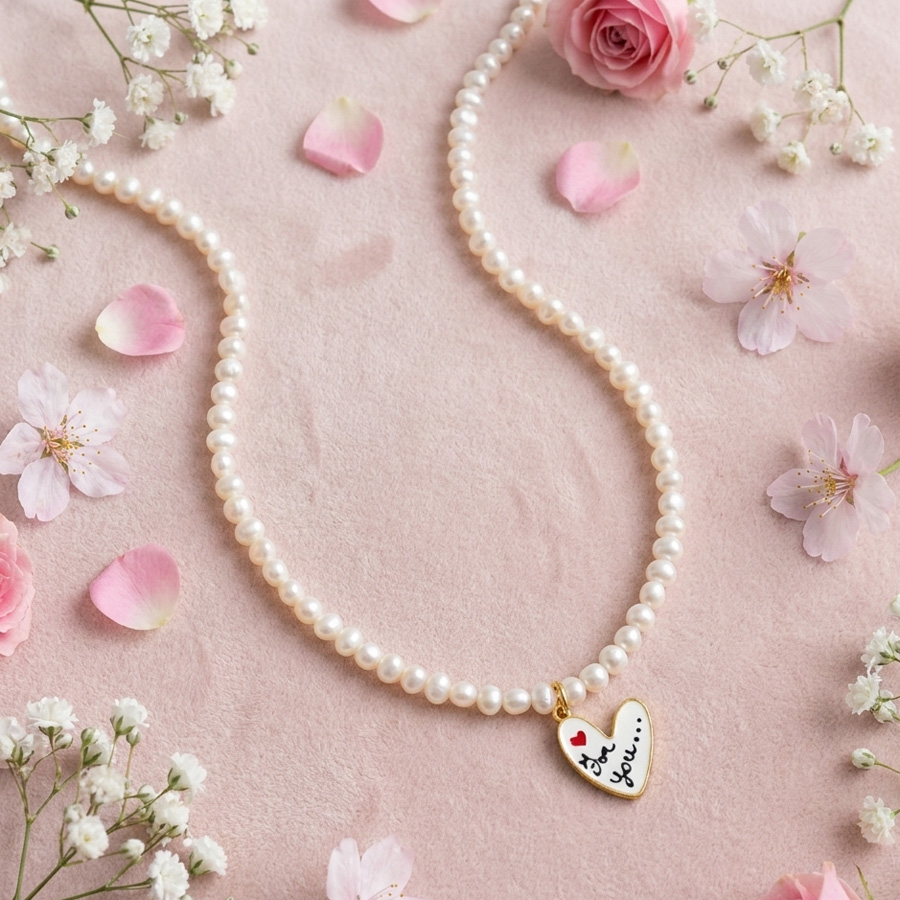 Collana di perle con ciondolo scritta FOR YOU - ciondolo cuore amore