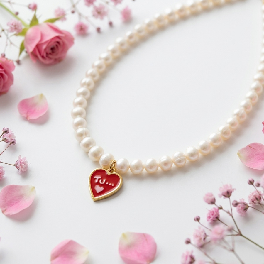 Collana di perle con ciondolo scritta TU - ciondolo cuore amore