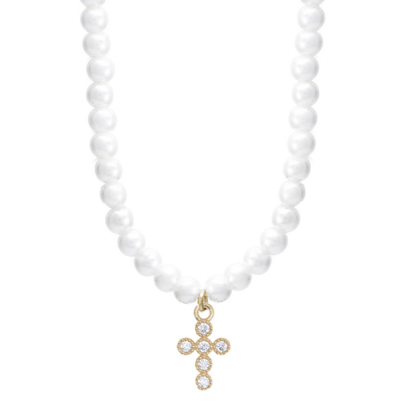 Collana filo di perle con Croce in argento dorato e zirconi bianchi