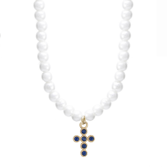 Collana filo di perle con Croce in argento dorato e zirconi blu
