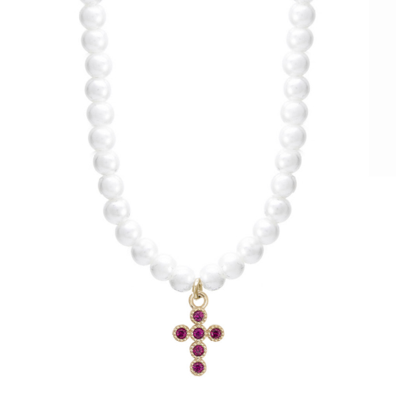 Collana filo di perle con Croce in argento dorato e zirconi rossi