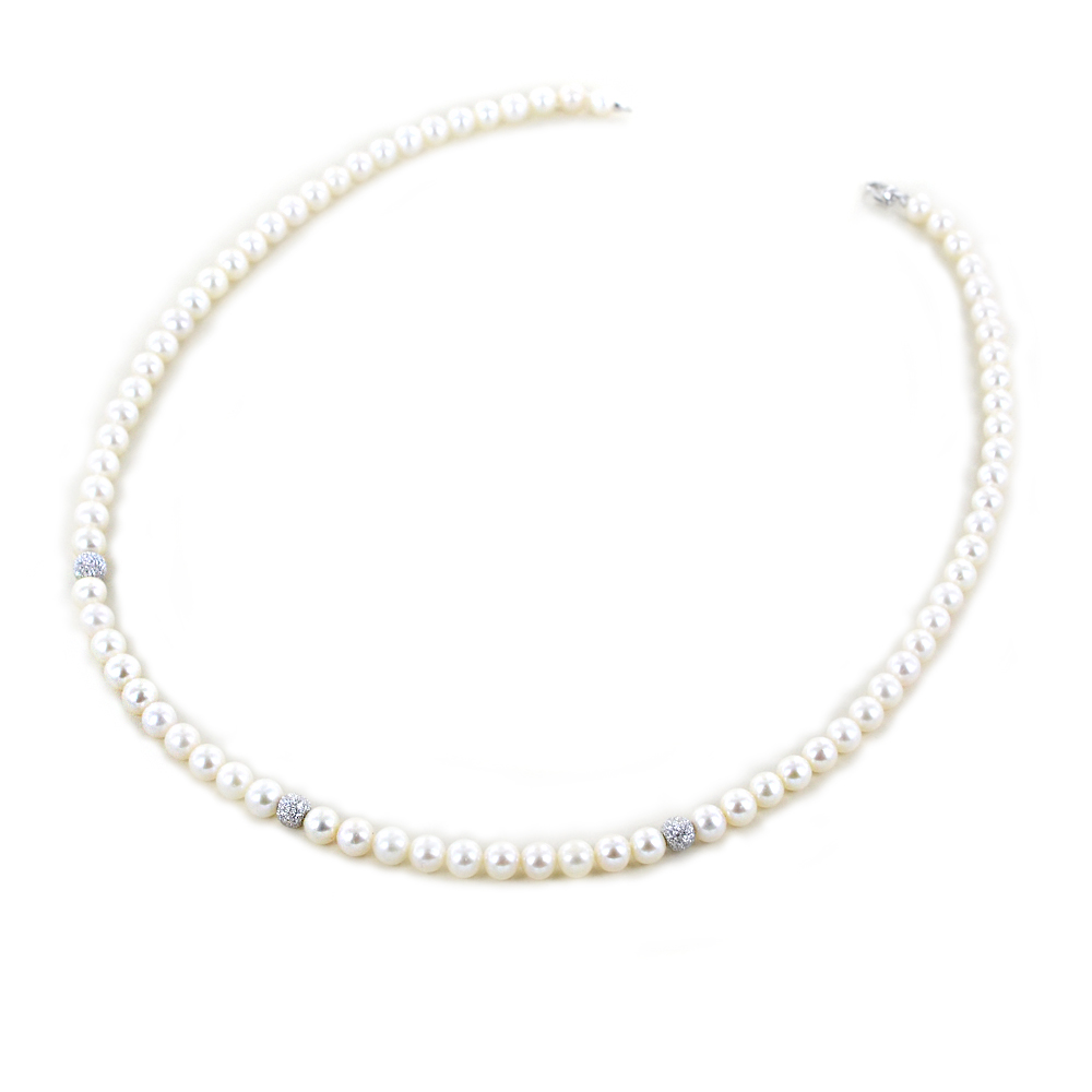 Collana Filo di Perle Freshwater 5.00 - 5.50 mm con sfere diamantate