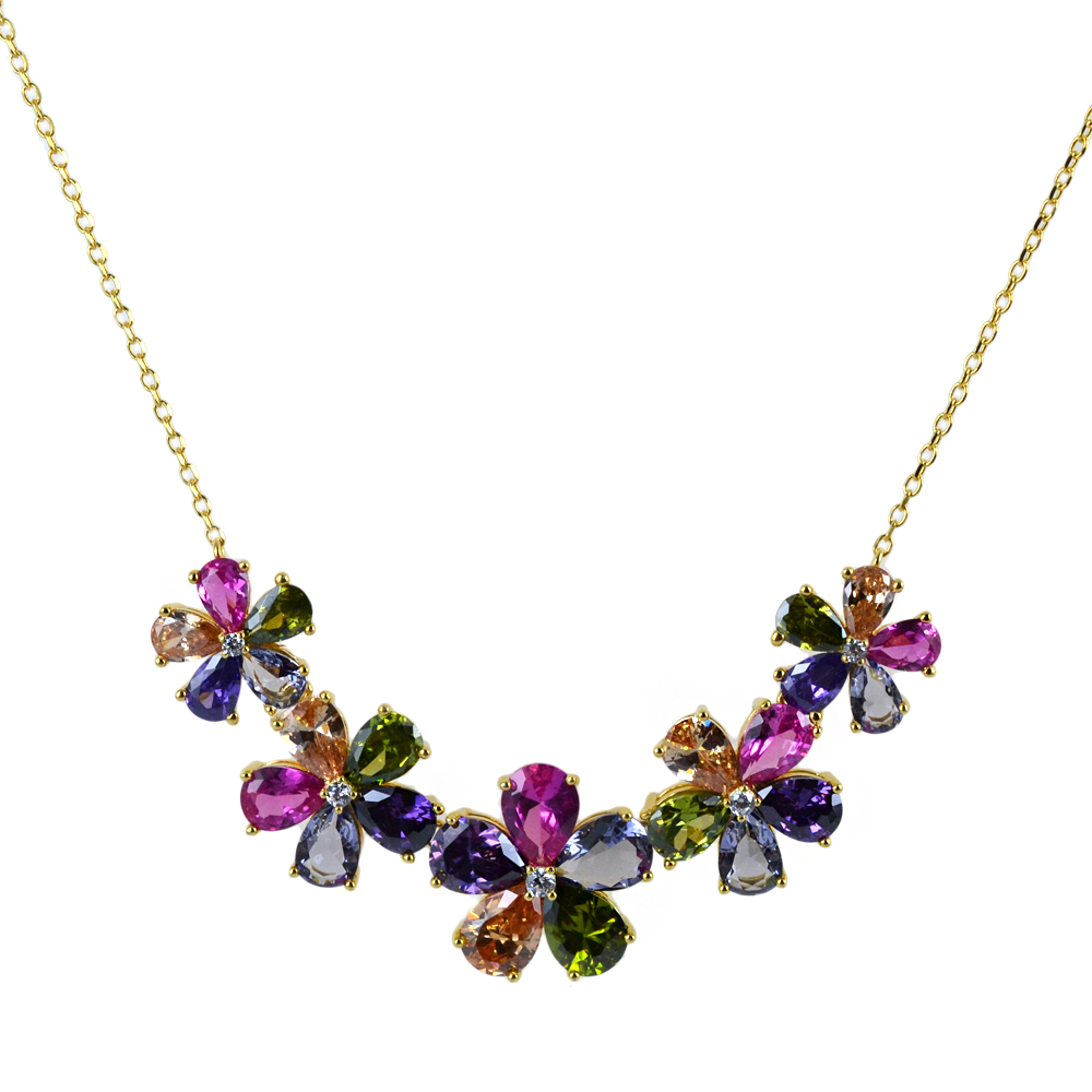 Collana Girocollo Fiori colorati in argento dorato con zirconi 
